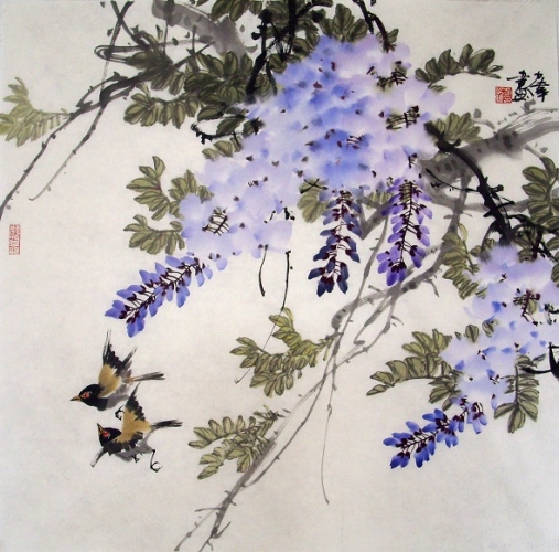 中国美術 珍品 水墨画 肉筆 1組四枚 花鳥 桃、牡丹、紫羅蘭